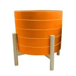 10" Striped Planter W/ Wood Stand, Orange