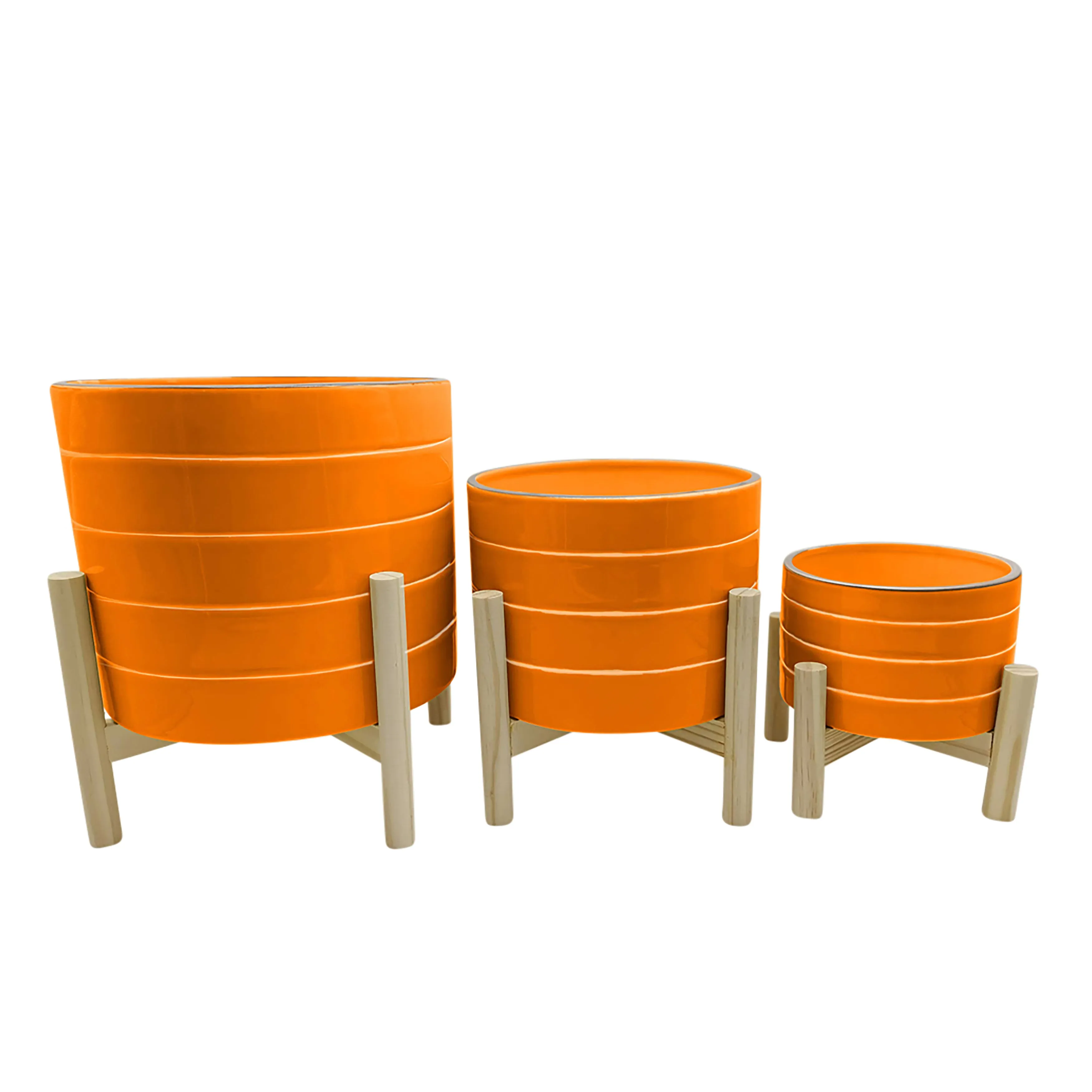10" Striped Planter W/ Wood Stand, Orange