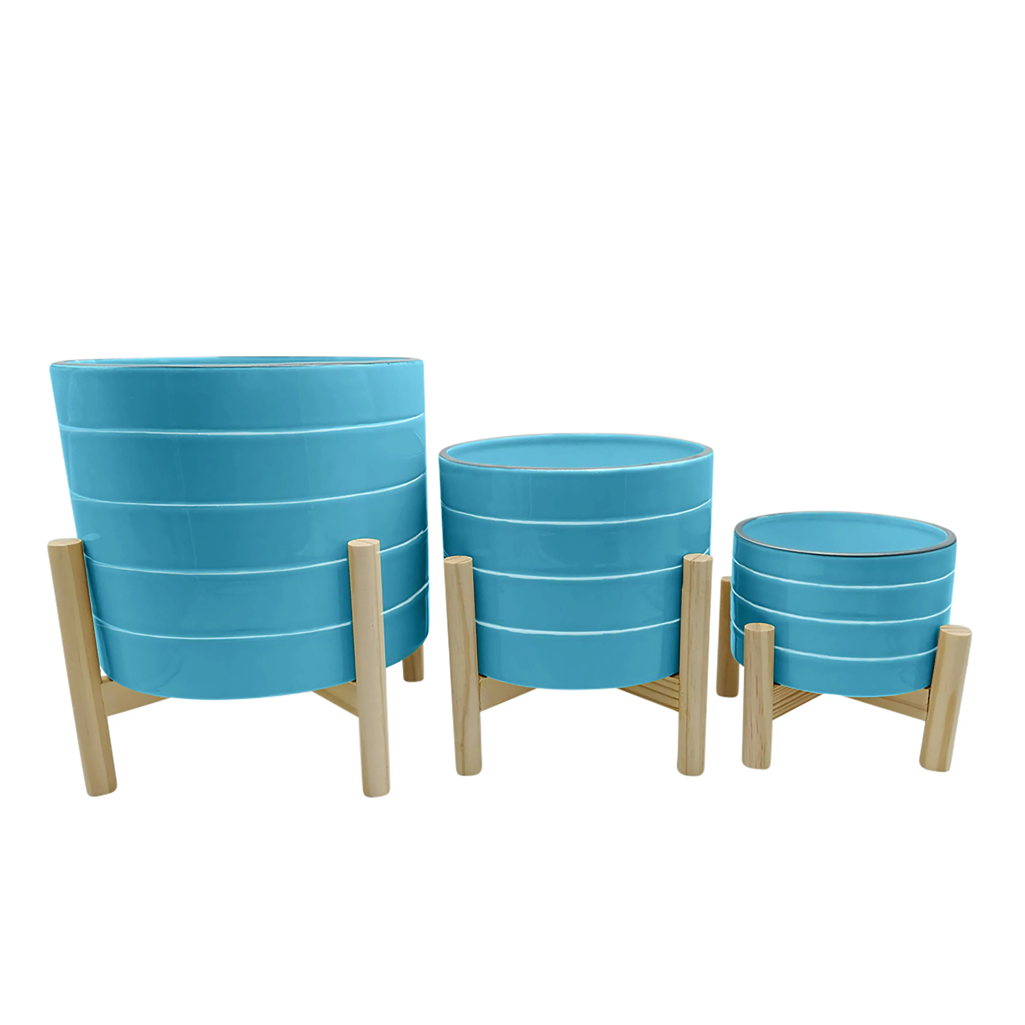 10" Striped Planter W/ Wood Stand, Skyblue