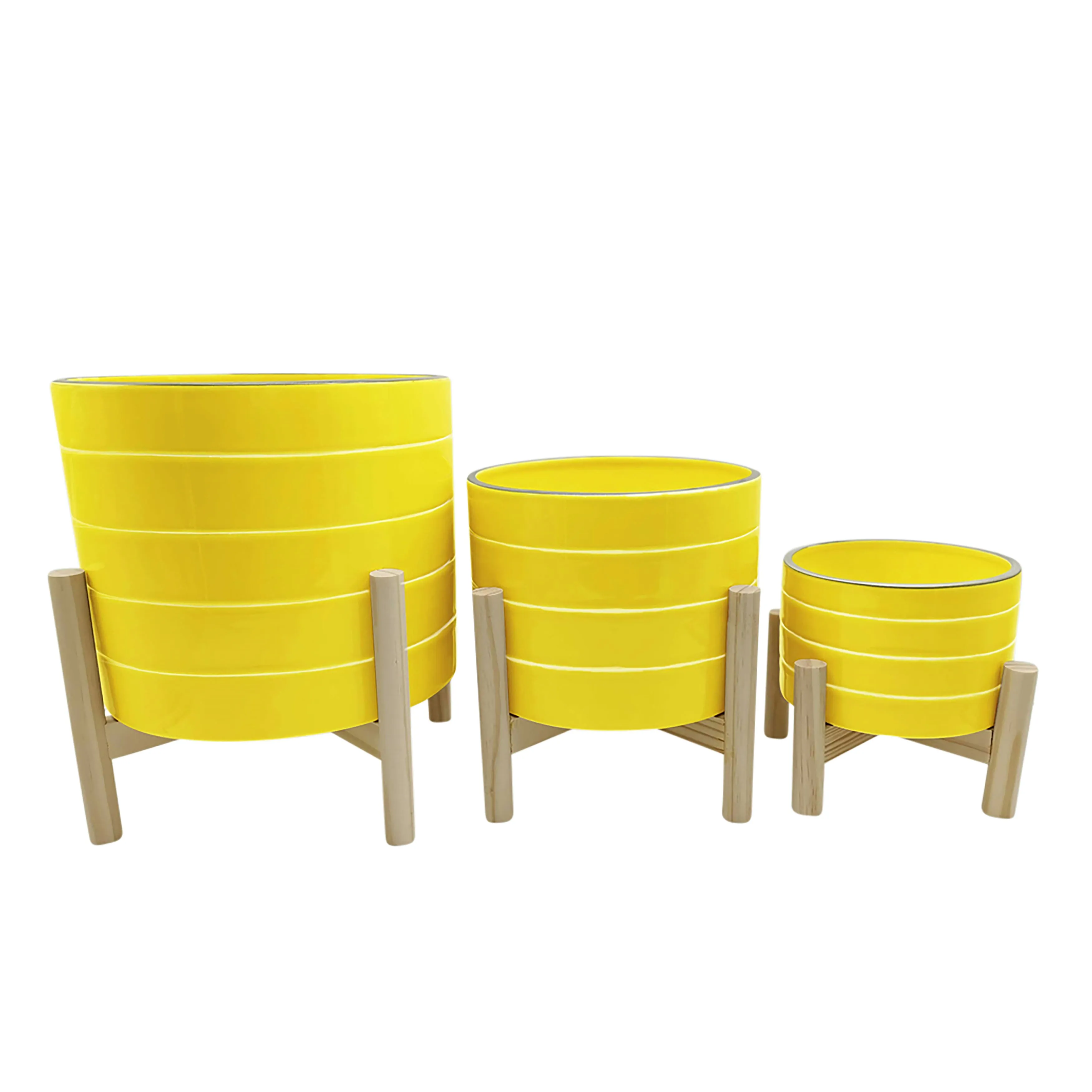 10" Striped Planter W/ Wood Stand, Yellow