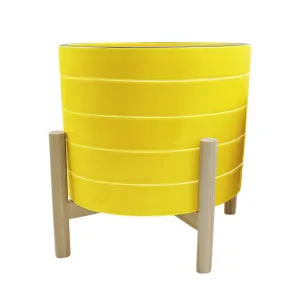 10" Striped Planter W/ Wood Stand, Yellow