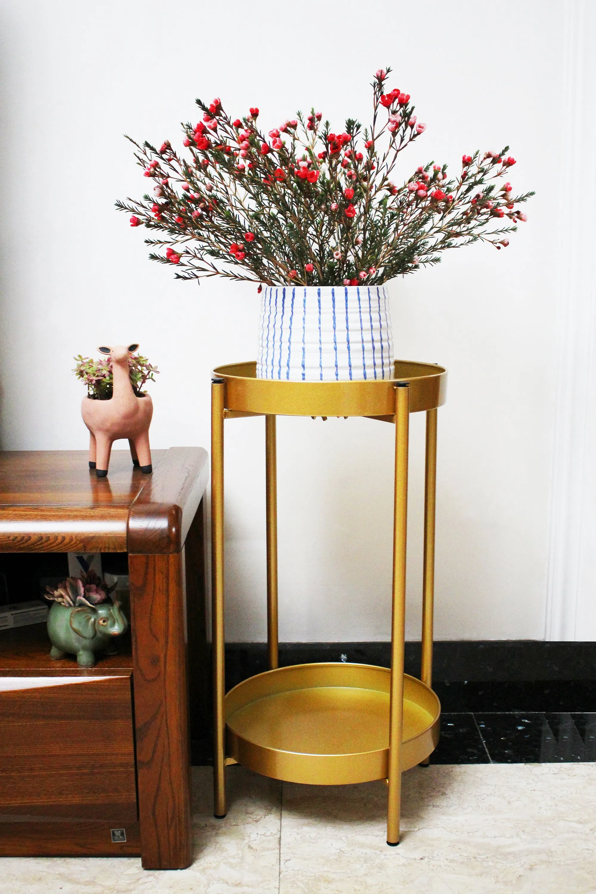 2 Tier Metal Plant Stand 23 Inch Tall, Gold, No Assemble, Removable Plates, Powder-Coated-Steel Frame, Side Table, Night Stand