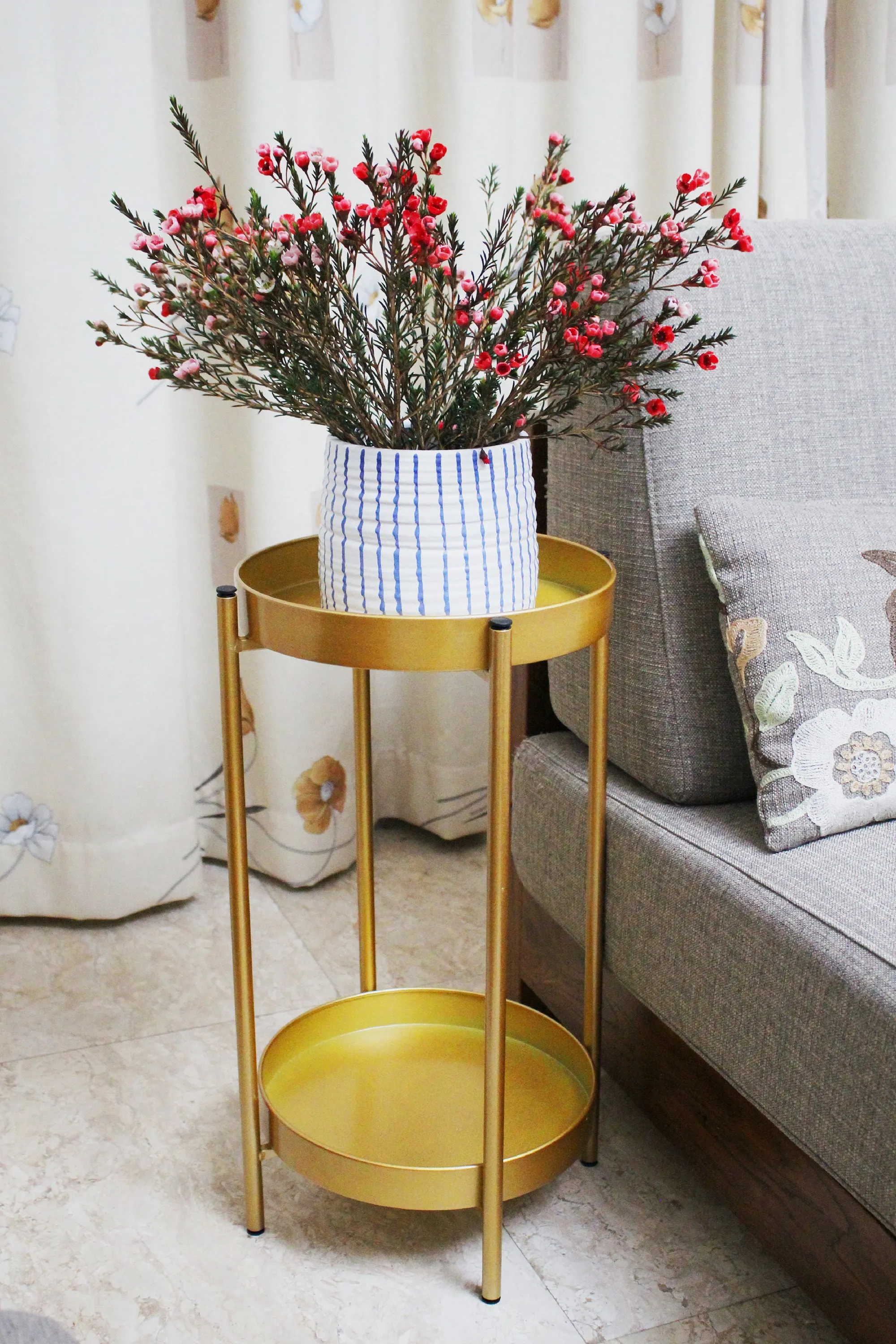 2 Tier Metal Plant Stand 23 Inch Tall, Gold, No Assemble, Removable Plates, Powder-Coated-Steel Frame, Side Table, Night Stand