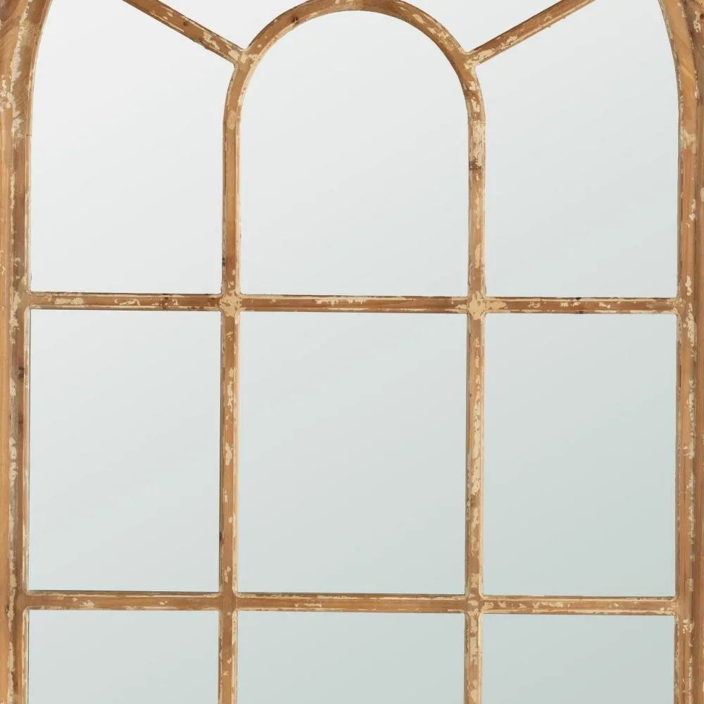 54 Inch Wall Mirror with Window Pane Design, Fir Wood, Distressed Brown By Casagear Home