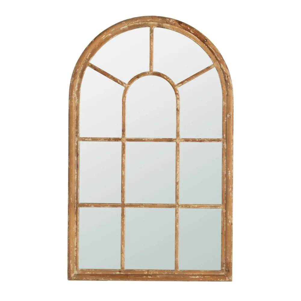 54 Inch Wall Mirror with Window Pane Design, Fir Wood, Distressed Brown By Casagear Home