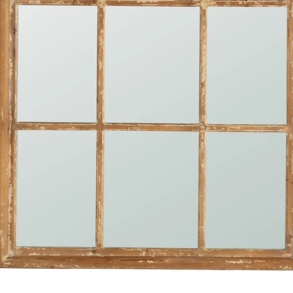 54 Inch Wall Mirror with Window Pane Design, Fir Wood, Distressed Brown By Casagear Home