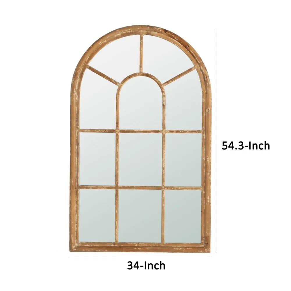 54 Inch Wall Mirror with Window Pane Design, Fir Wood, Distressed Brown By Casagear Home