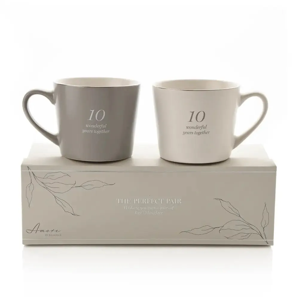 Amore Set Of 2 Grey & White Mugs - 10th Anniversary