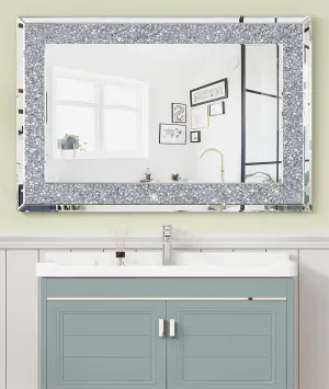 BAPIDA - Crystal Mirrors for Wall Decoration Crush Diamond Wall Mirror Rectangle Silver Sparkly Hanging Wall-Mounted Mirror Stunning Home Décor Modern Glass Art (60 x 45 cm)