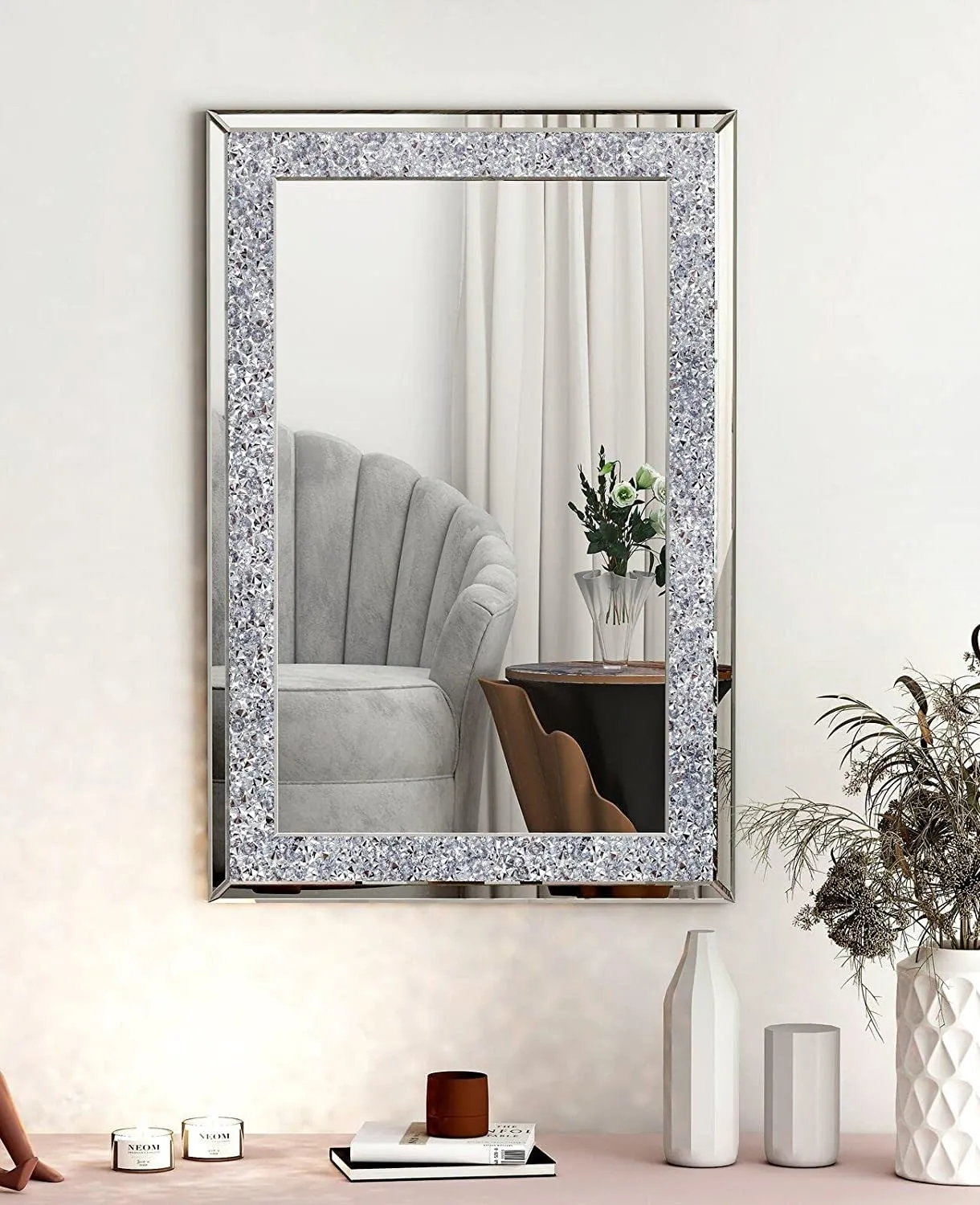 BAPIDA - Crystal Mirrors for Wall Decoration Crush Diamond Wall Mirror Rectangle Silver Sparkly Hanging Wall-Mounted Mirror Stunning Home Décor Modern Glass Art (60 x 45 cm)