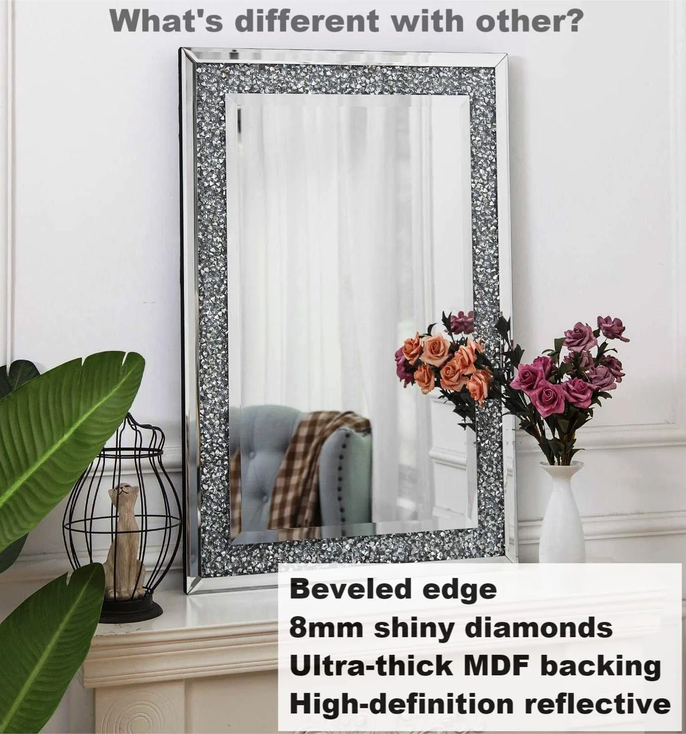 BAPIDA - Crystal Mirrors for Wall Decoration Crush Diamond Wall Mirror Rectangle Silver Sparkly Hanging Wall-Mounted Mirror Stunning Home Décor Modern Glass Art (60 x 45 cm)