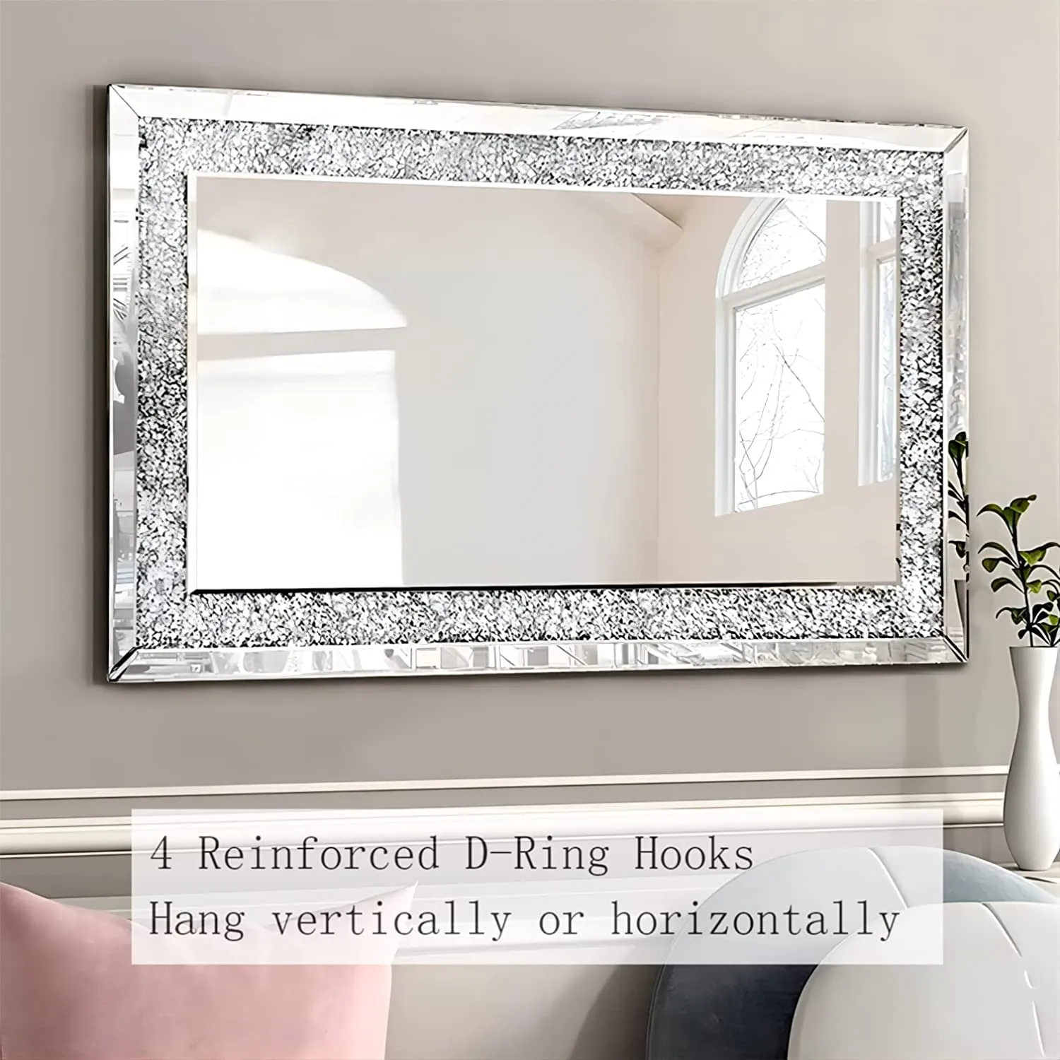 BAPIDA - Crystal Mirrors for Wall Decoration Crush Diamond Wall Mirror Rectangle Silver Sparkly Hanging Wall-Mounted Mirror Stunning Home Décor Modern Glass Art (60 x 45 cm)