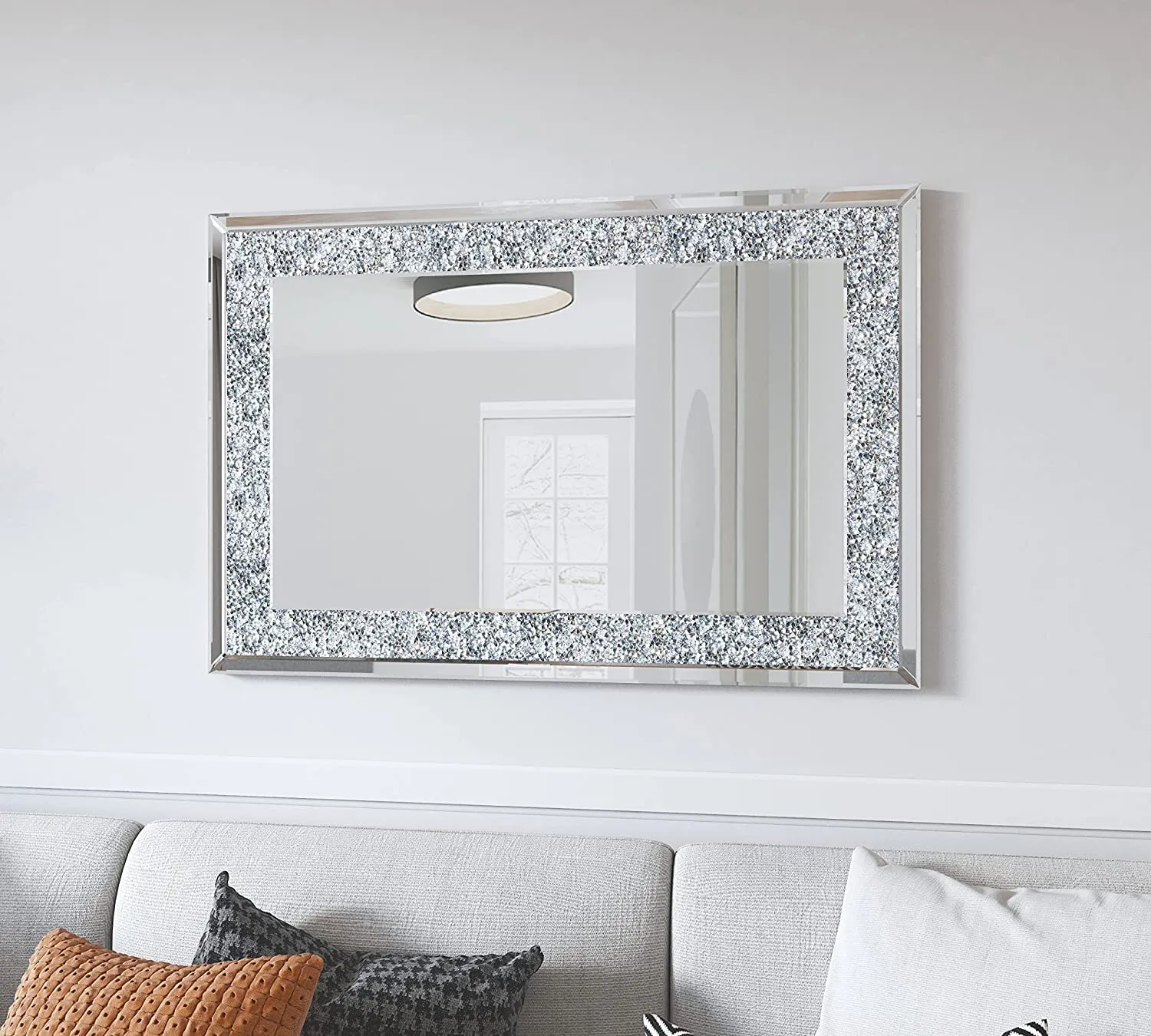 BAPIDA - Crystal Mirrors for Wall Decoration Crush Diamond Wall Mirror Rectangle Silver Sparkly Hanging Wall-Mounted Mirror Stunning Home Décor Modern Glass Art (60 x 45 cm)