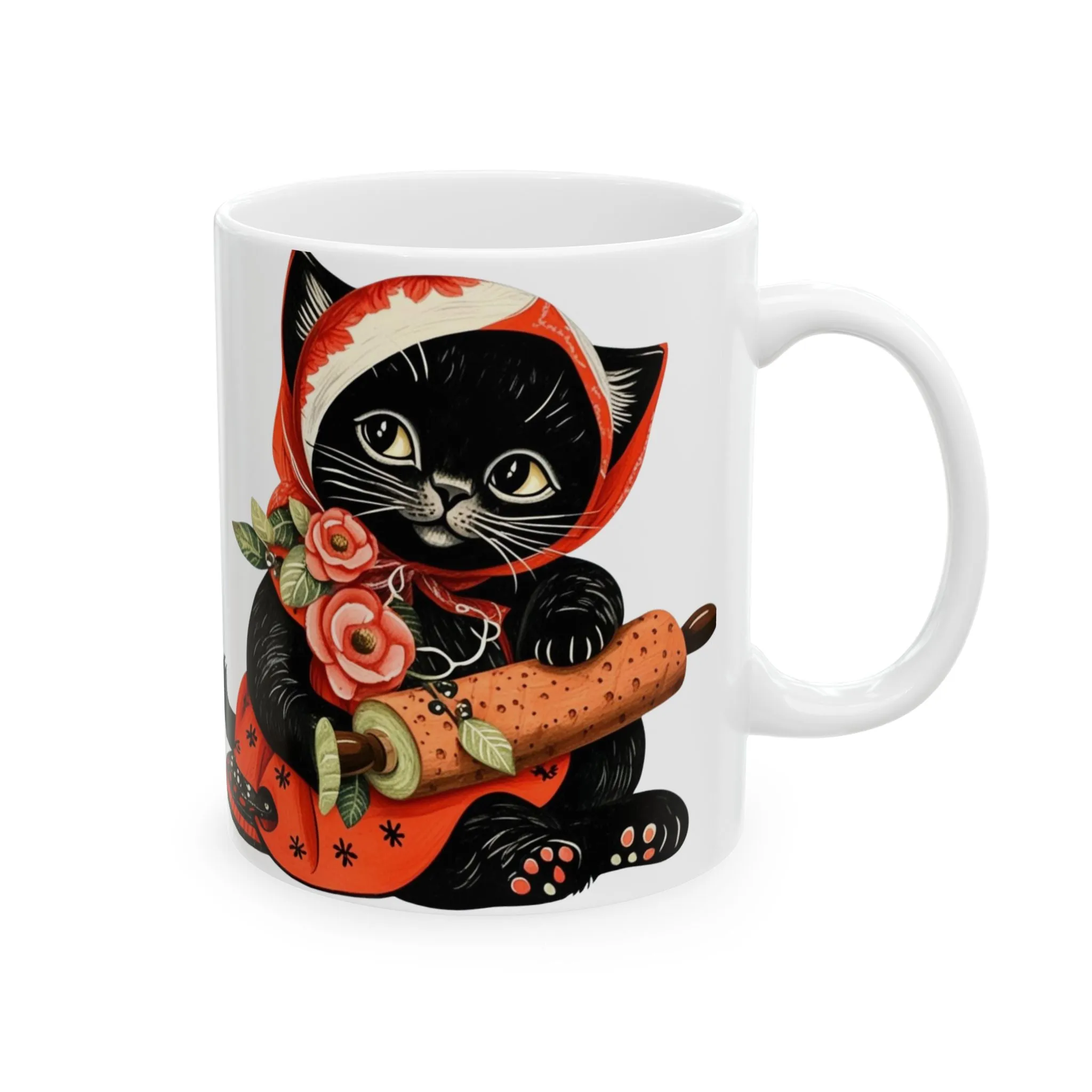 Black Babushka Cat Folk Art Style Cat Art Ceramic Mug