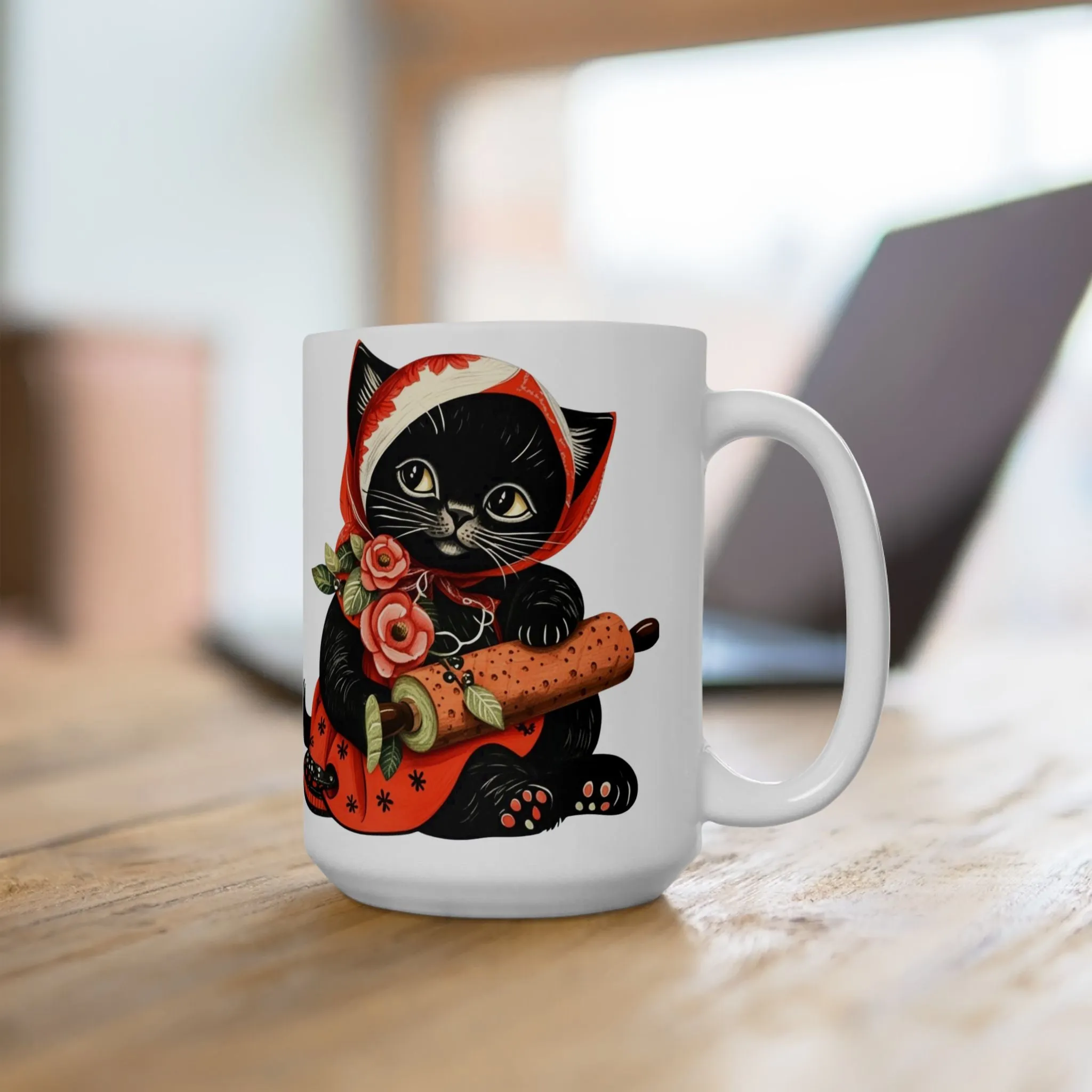 Black Babushka Cat Folk Art Style Cat Art Ceramic Mug