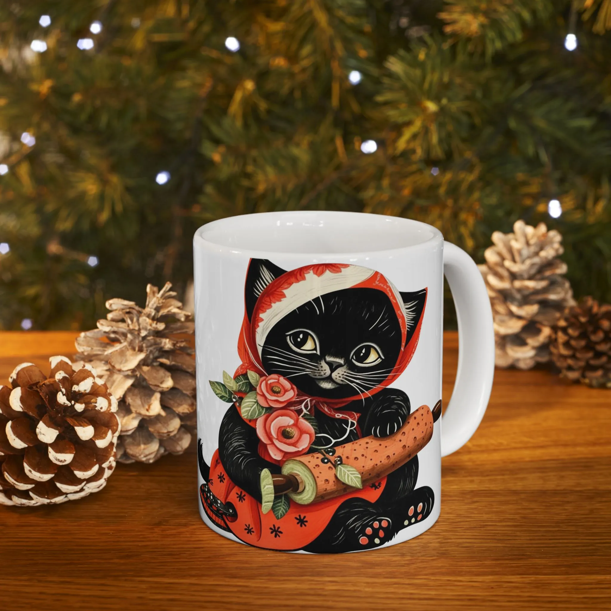 Black Babushka Cat Folk Art Style Cat Art Ceramic Mug