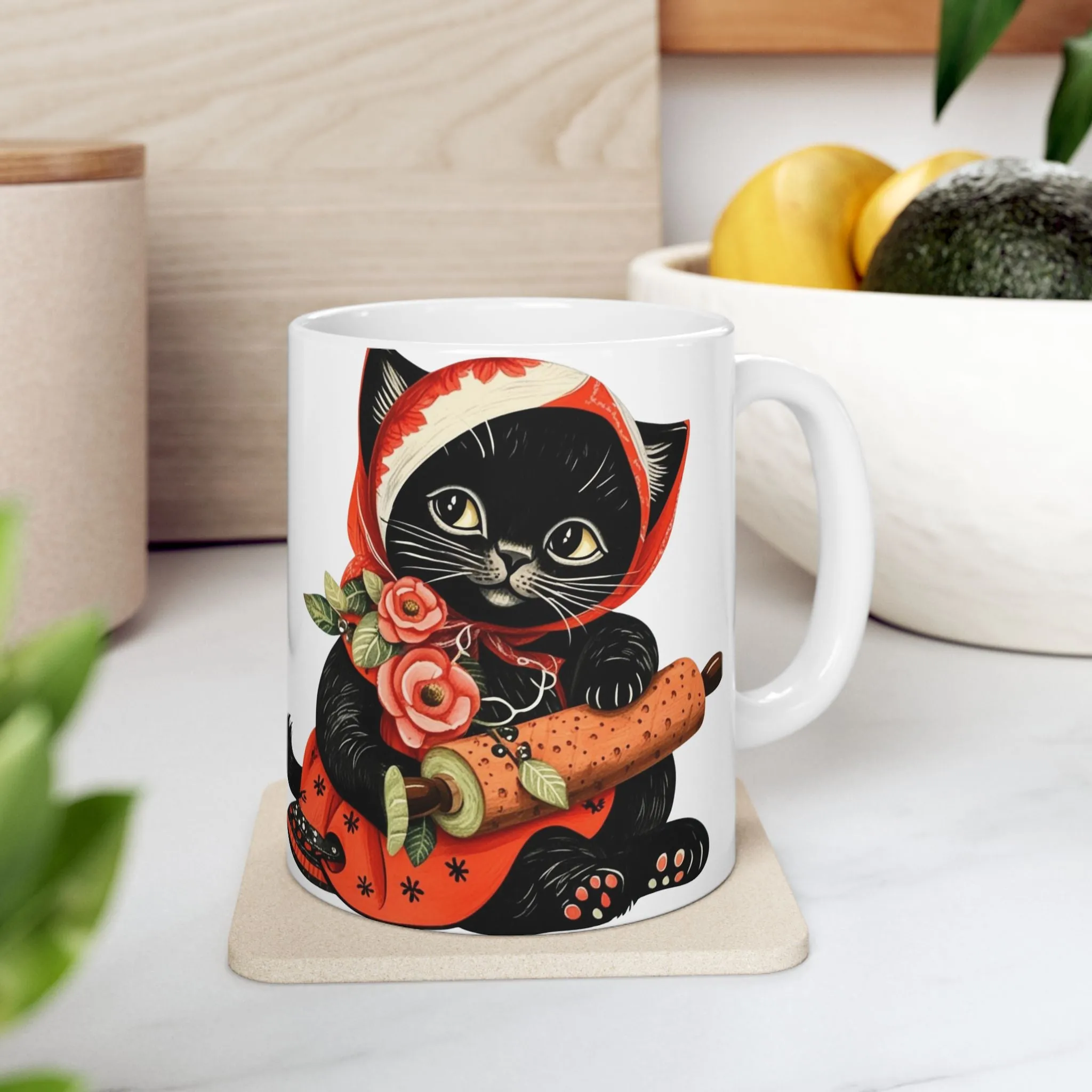 Black Babushka Cat Folk Art Style Cat Art Ceramic Mug