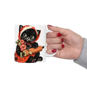 Black Babushka Cat Folk Art Style Cat Art Ceramic Mug