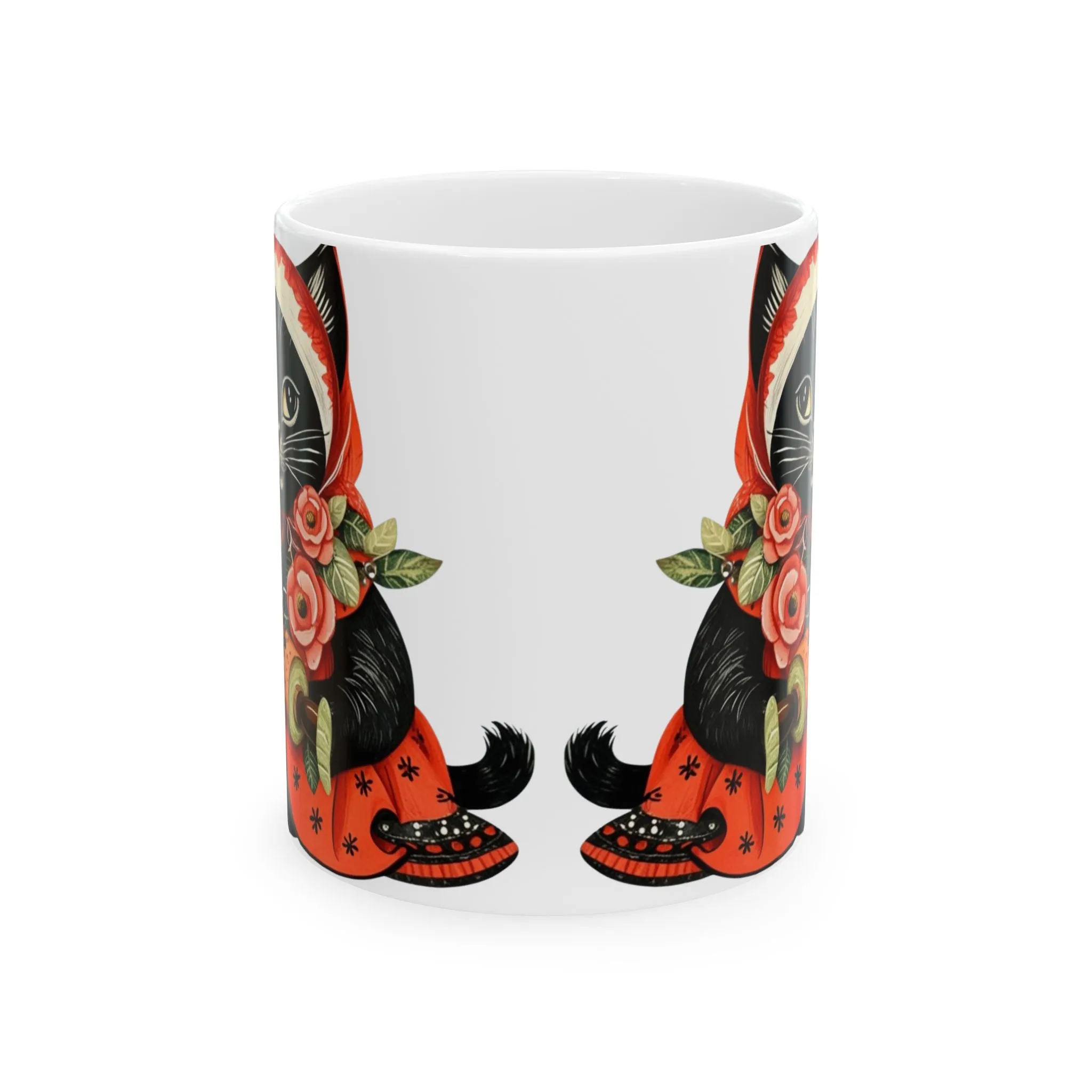 Black Babushka Cat Folk Art Style Cat Art Ceramic Mug