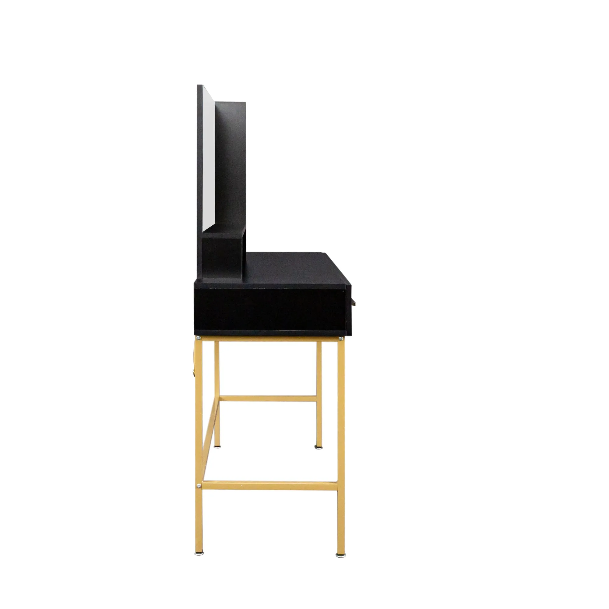 Black modern minimalist vanity, solid metal frame construction, large storage space, 10 LED lights illuminate makeup mirror, adjustable brightness