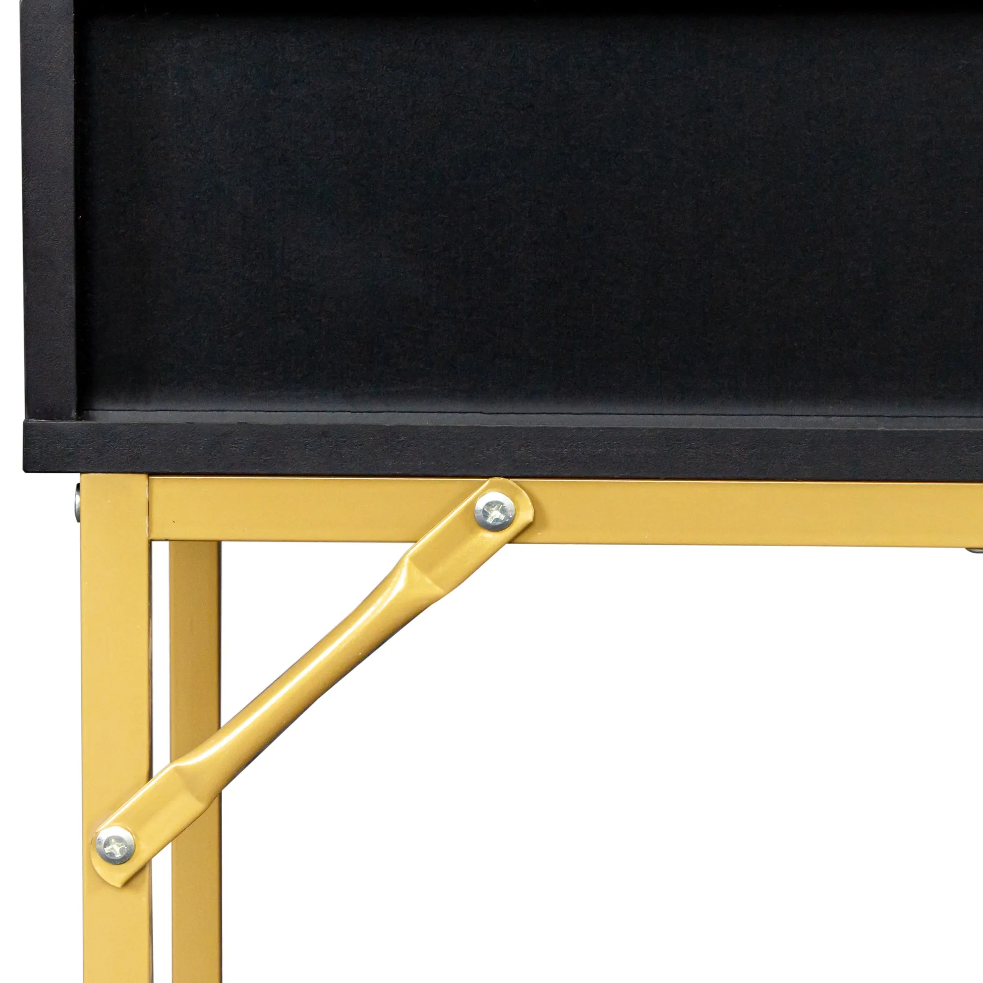 Black modern minimalist vanity, solid metal frame construction, large storage space, 10 LED lights illuminate makeup mirror, adjustable brightness