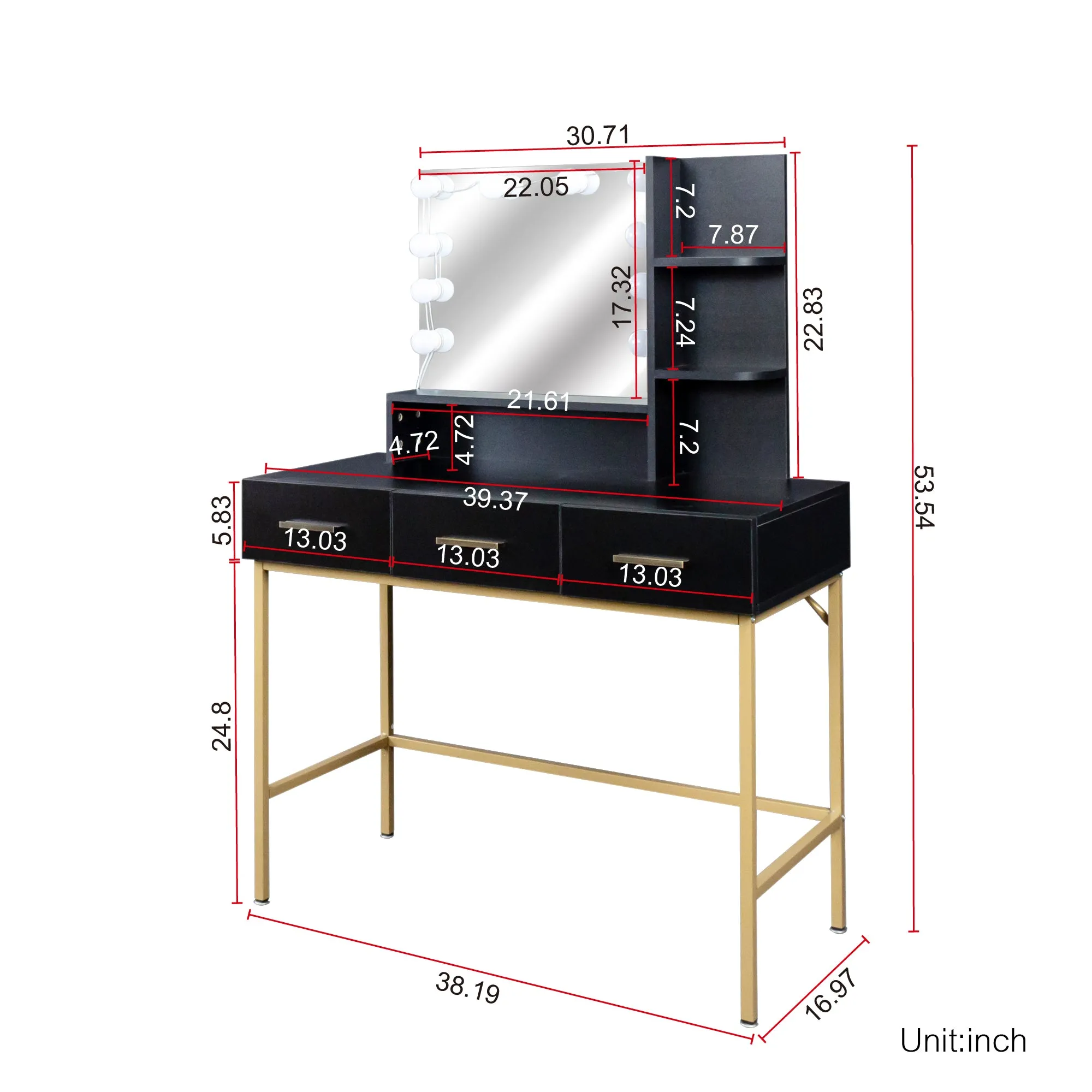 Black modern minimalist vanity, solid metal frame construction, large storage space, 10 LED lights illuminate makeup mirror, adjustable brightness