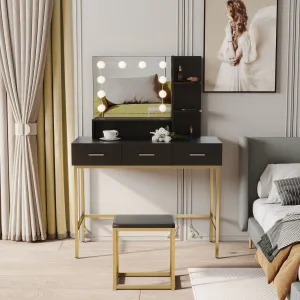 Black modern minimalist vanity, solid metal frame construction, large storage space, 10 LED lights illuminate makeup mirror, adjustable brightness