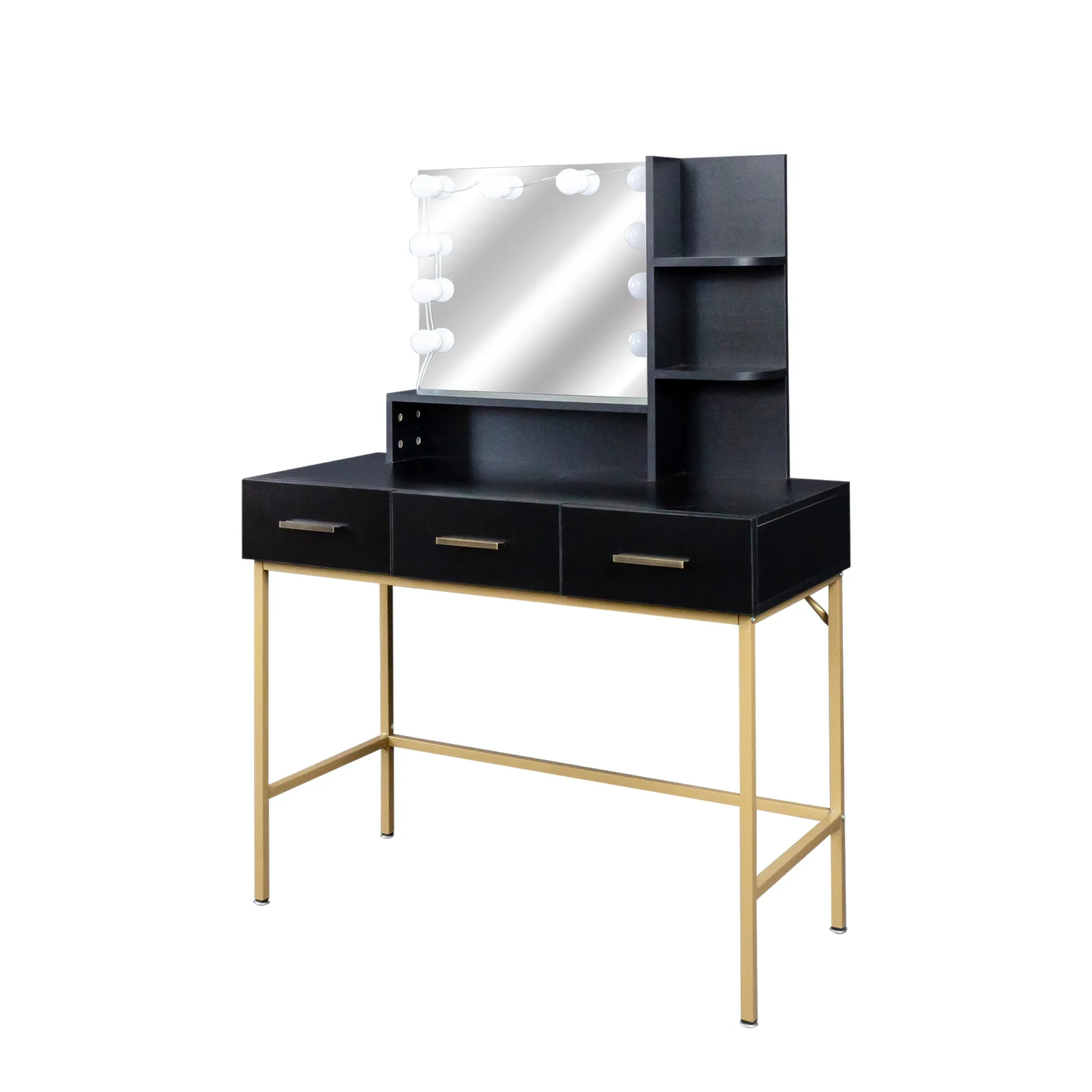 Black modern minimalist vanity, solid metal frame construction, large storage space, 10 LED lights illuminate makeup mirror, adjustable brightness