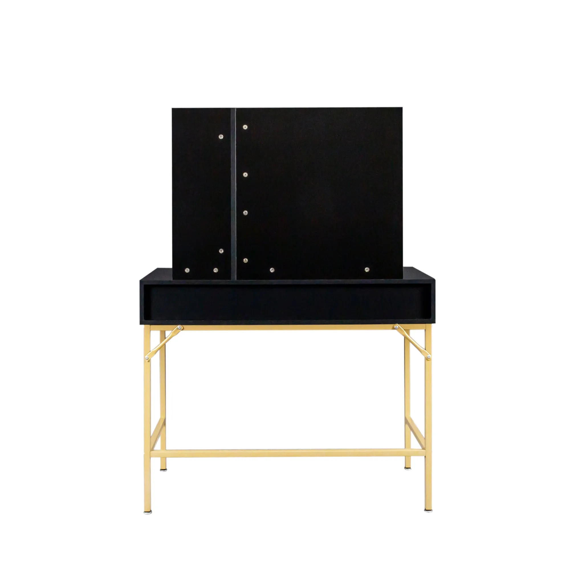 Black modern minimalist vanity, solid metal frame construction, large storage space, 10 LED lights illuminate makeup mirror, adjustable brightness