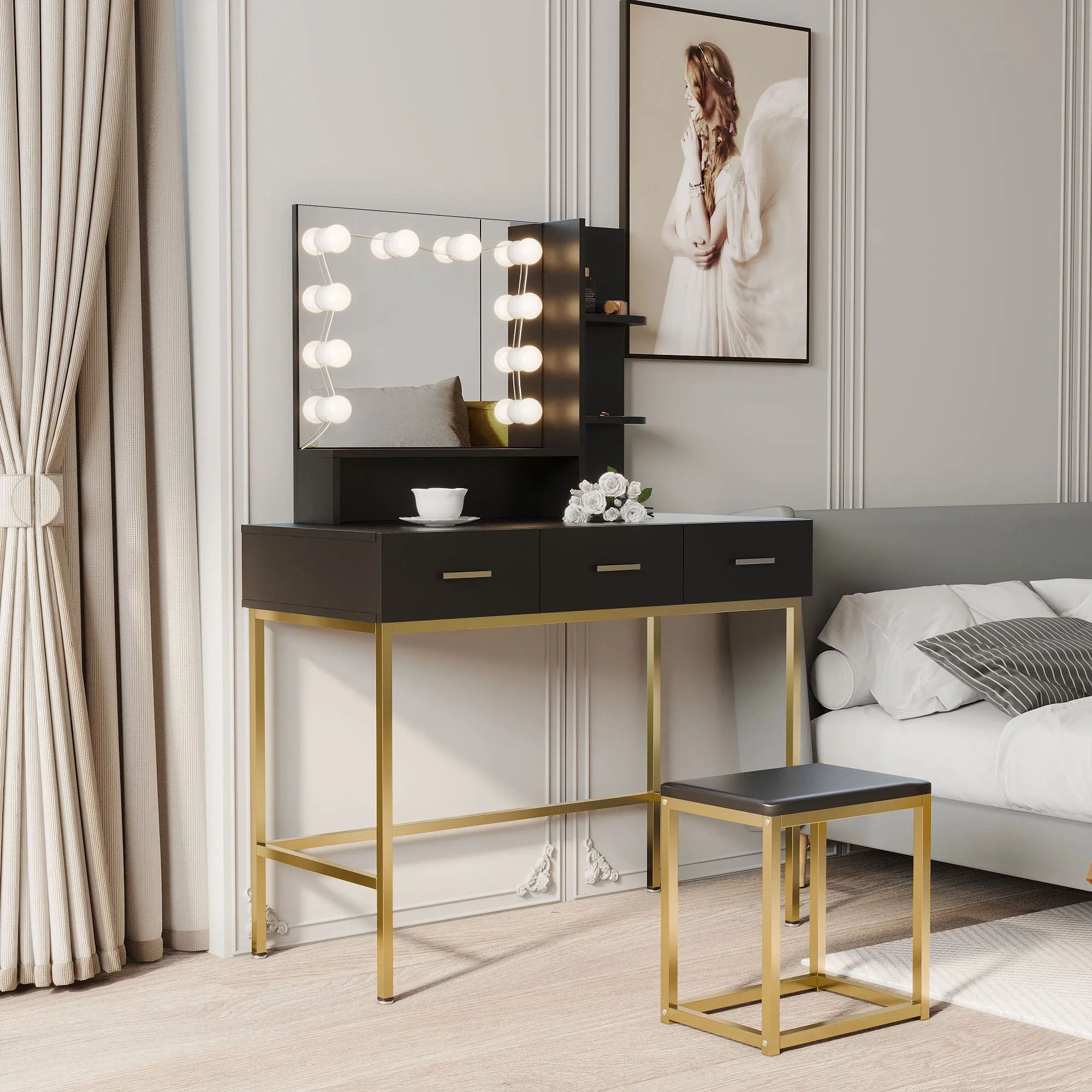Black modern minimalist vanity, solid metal frame construction, large storage space, 10 LED lights illuminate makeup mirror, adjustable brightness