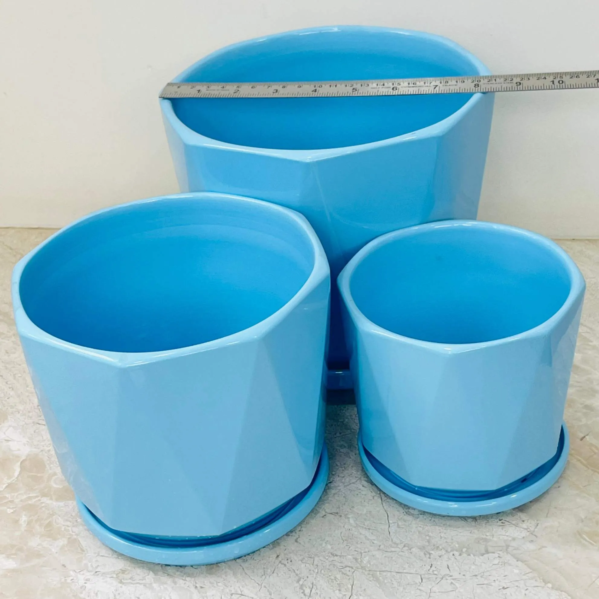 Blue Geometric Ceramic Planter Set with Saucers (Set Of 3)