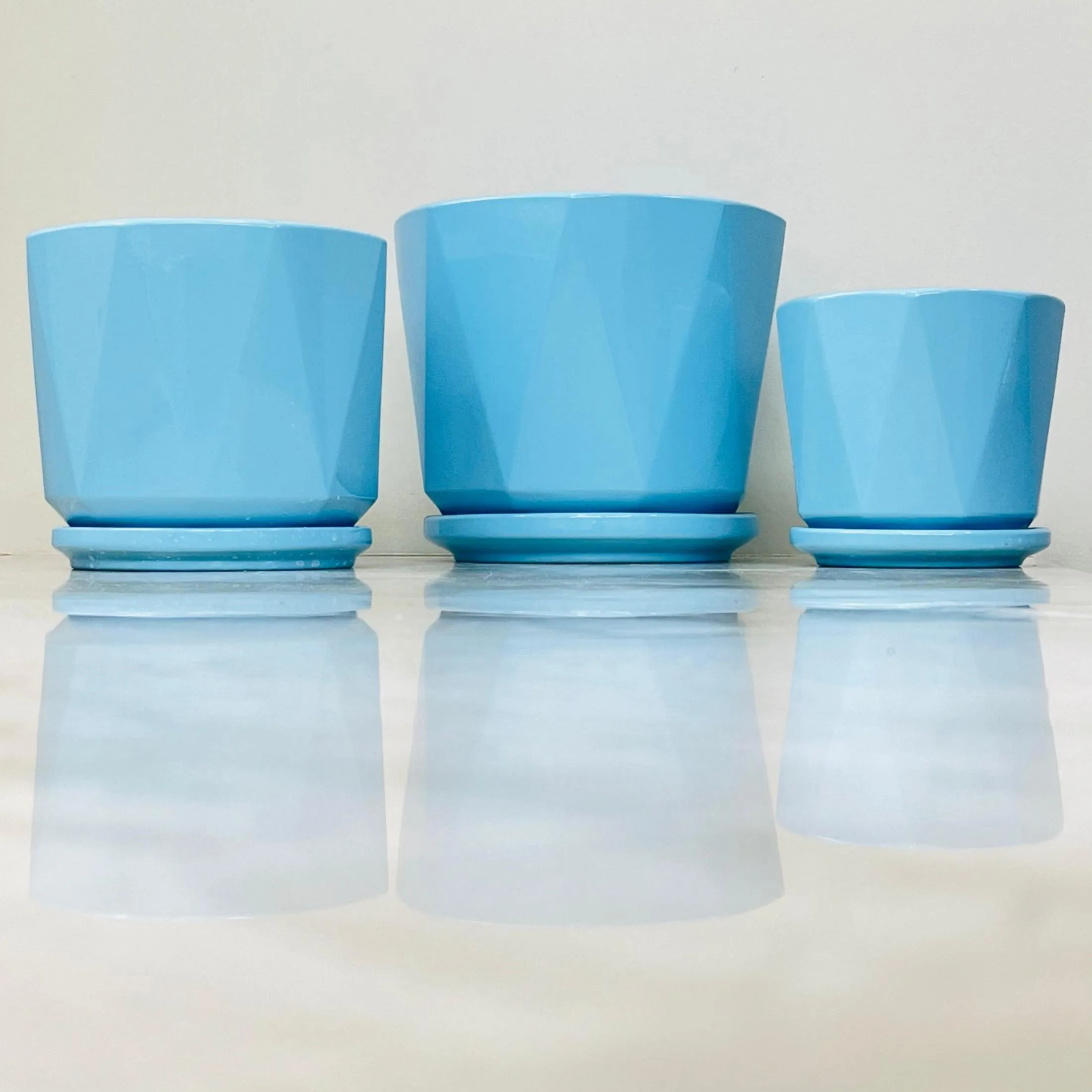 Blue Geometric Ceramic Planter Set with Saucers (Set Of 3)