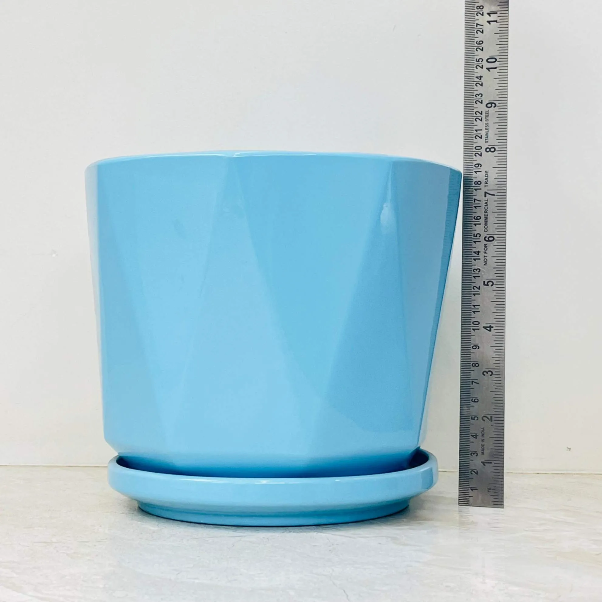 Blue Geometric Ceramic Planter Set with Saucers (Set Of 3)