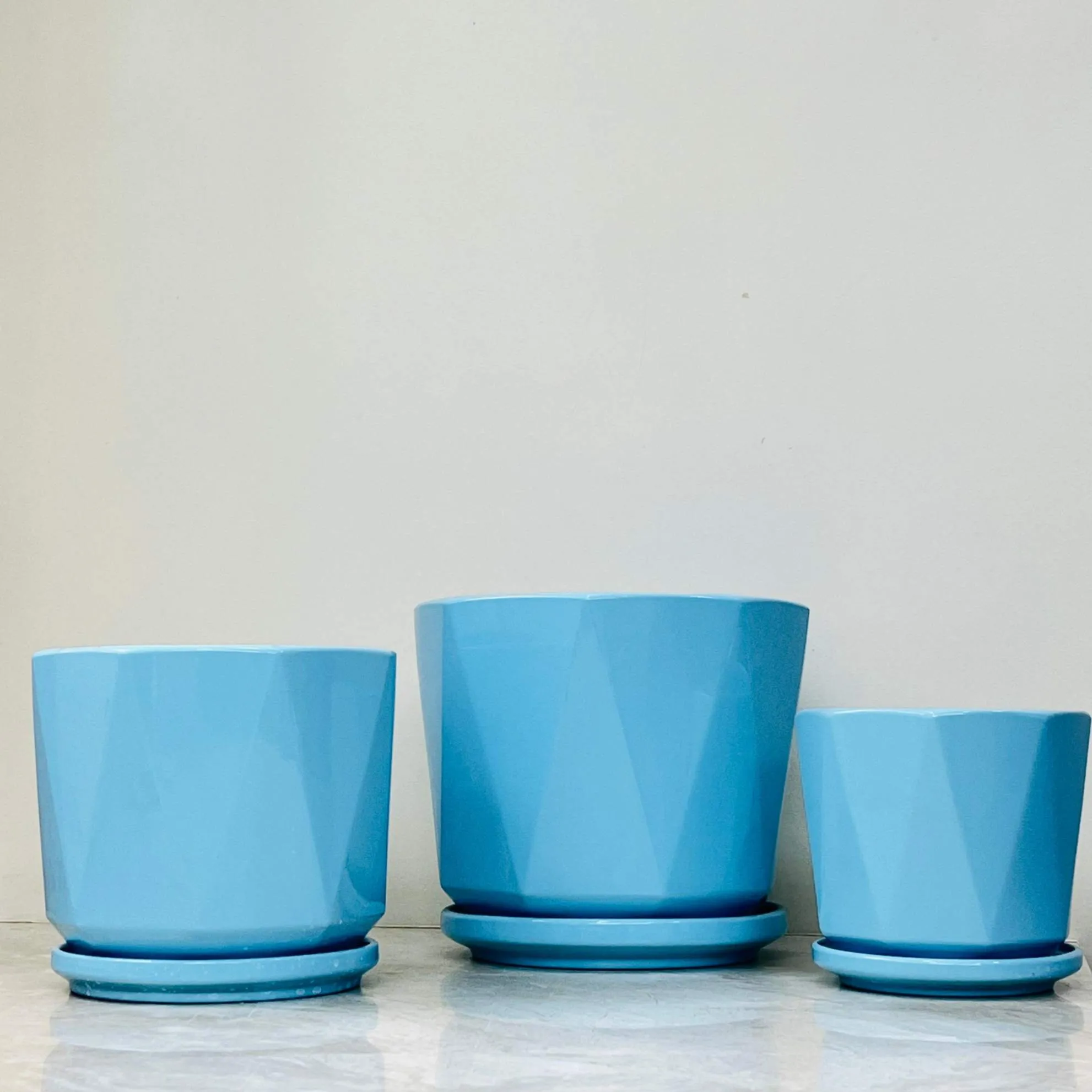 Blue Geometric Ceramic Planter Set with Saucers (Set Of 3)
