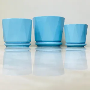 Blue Geometric Ceramic Planter Set with Saucers (Set Of 3)