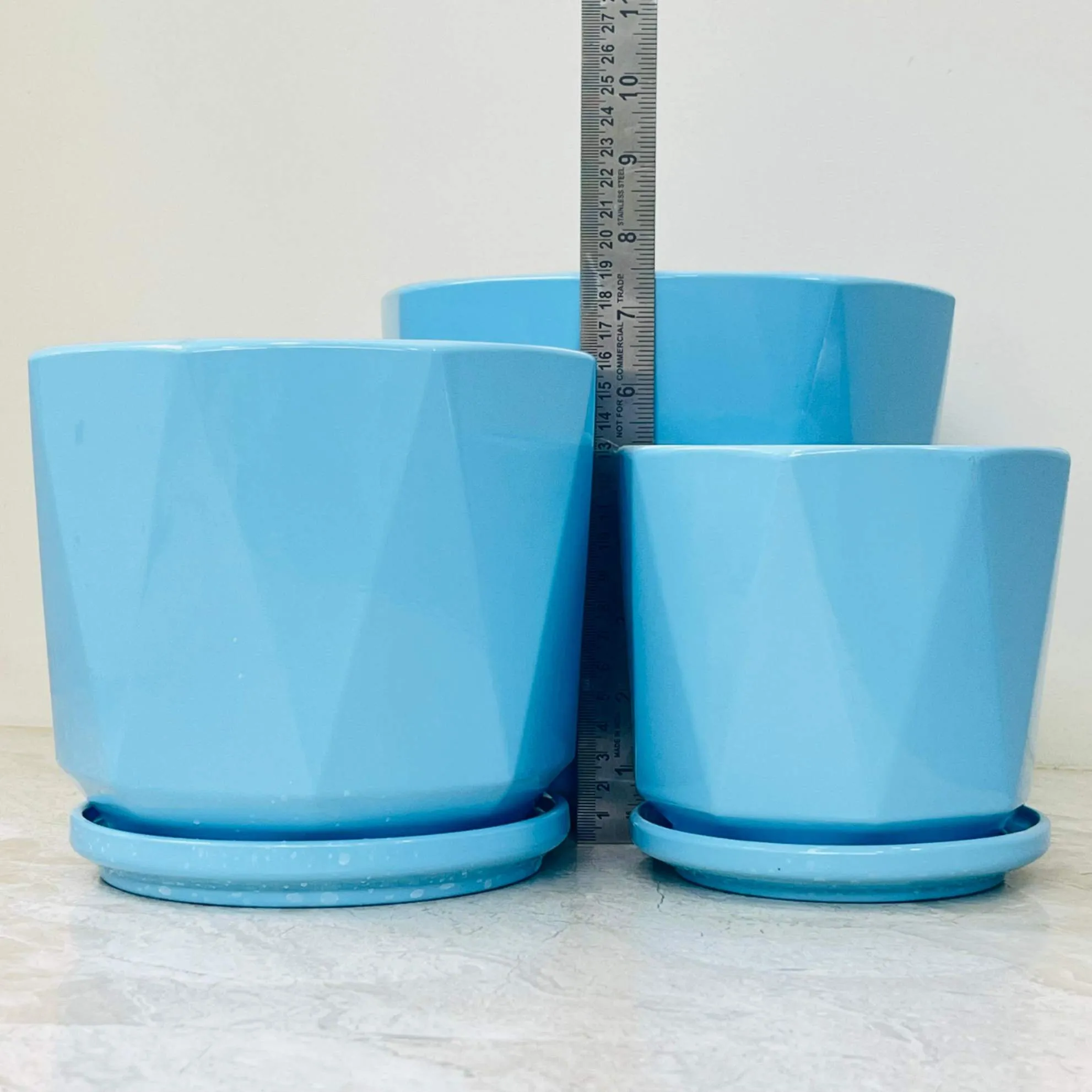 Blue Geometric Ceramic Planter Set with Saucers (Set Of 3)