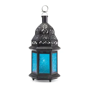 Blue Glass Candle Lantern 8"