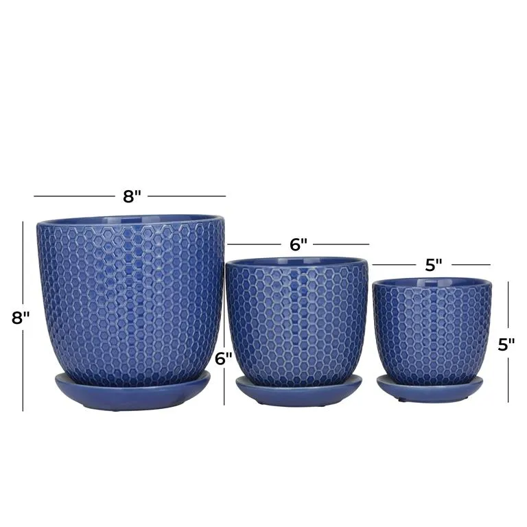BLUE PORCELAIN GEOMETRIC INDOOR OUTDOOR PLANTER WITH ATTACHED SAUCER