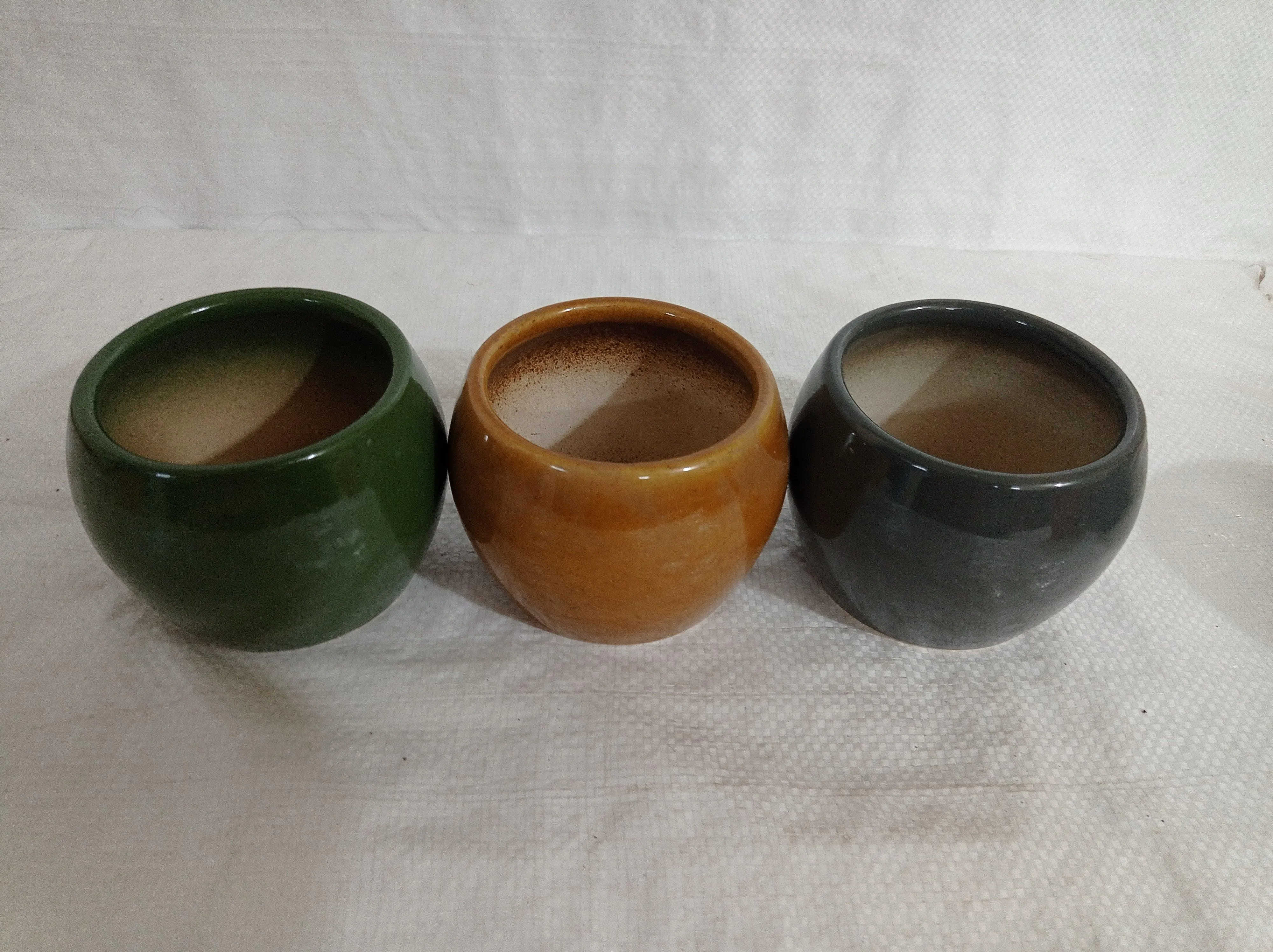 Contemporary Trio of Round Ceramic Plant Pots | Turtle Green, Brownish Yellow & Grey