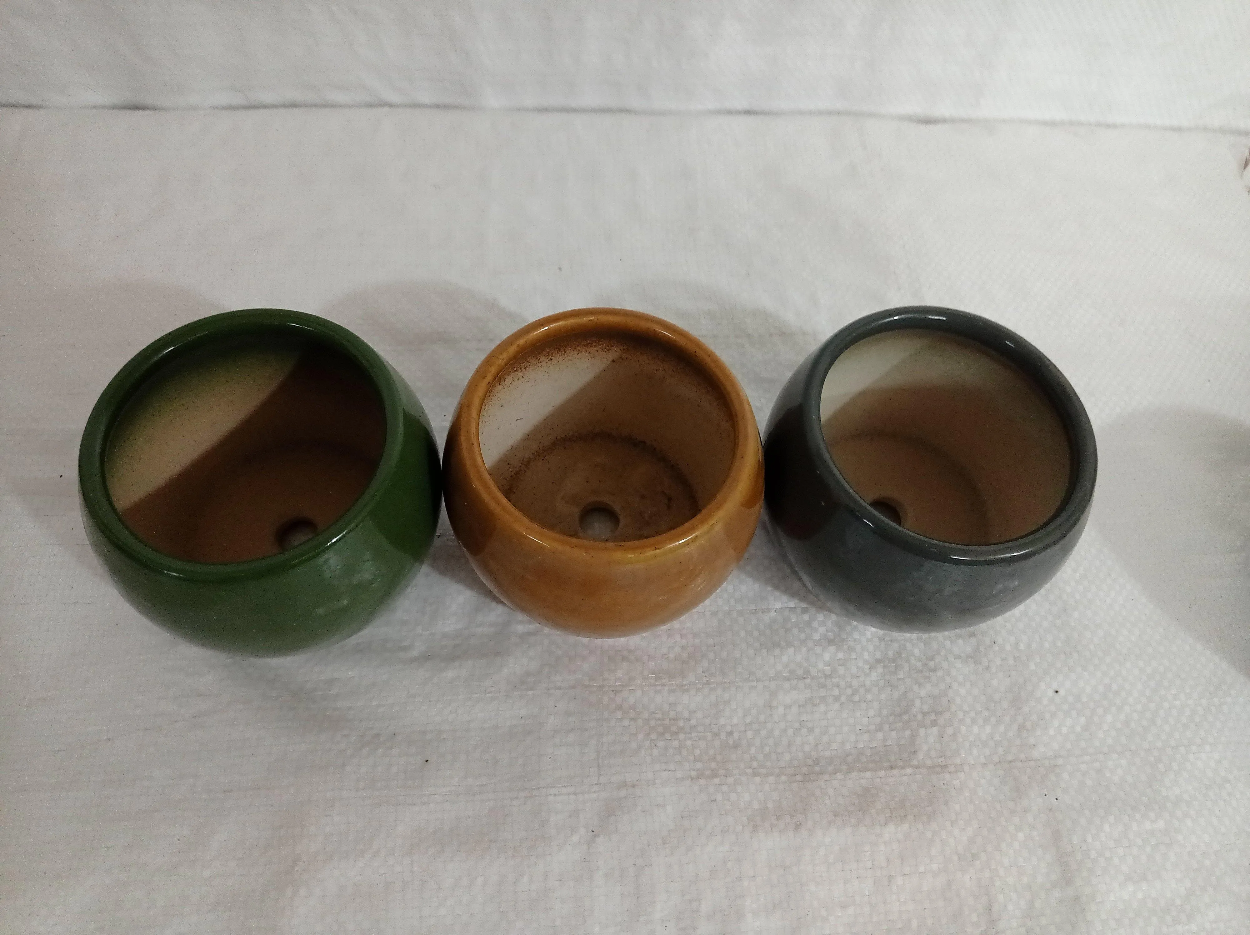Contemporary Trio of Round Ceramic Plant Pots | Turtle Green, Brownish Yellow & Grey