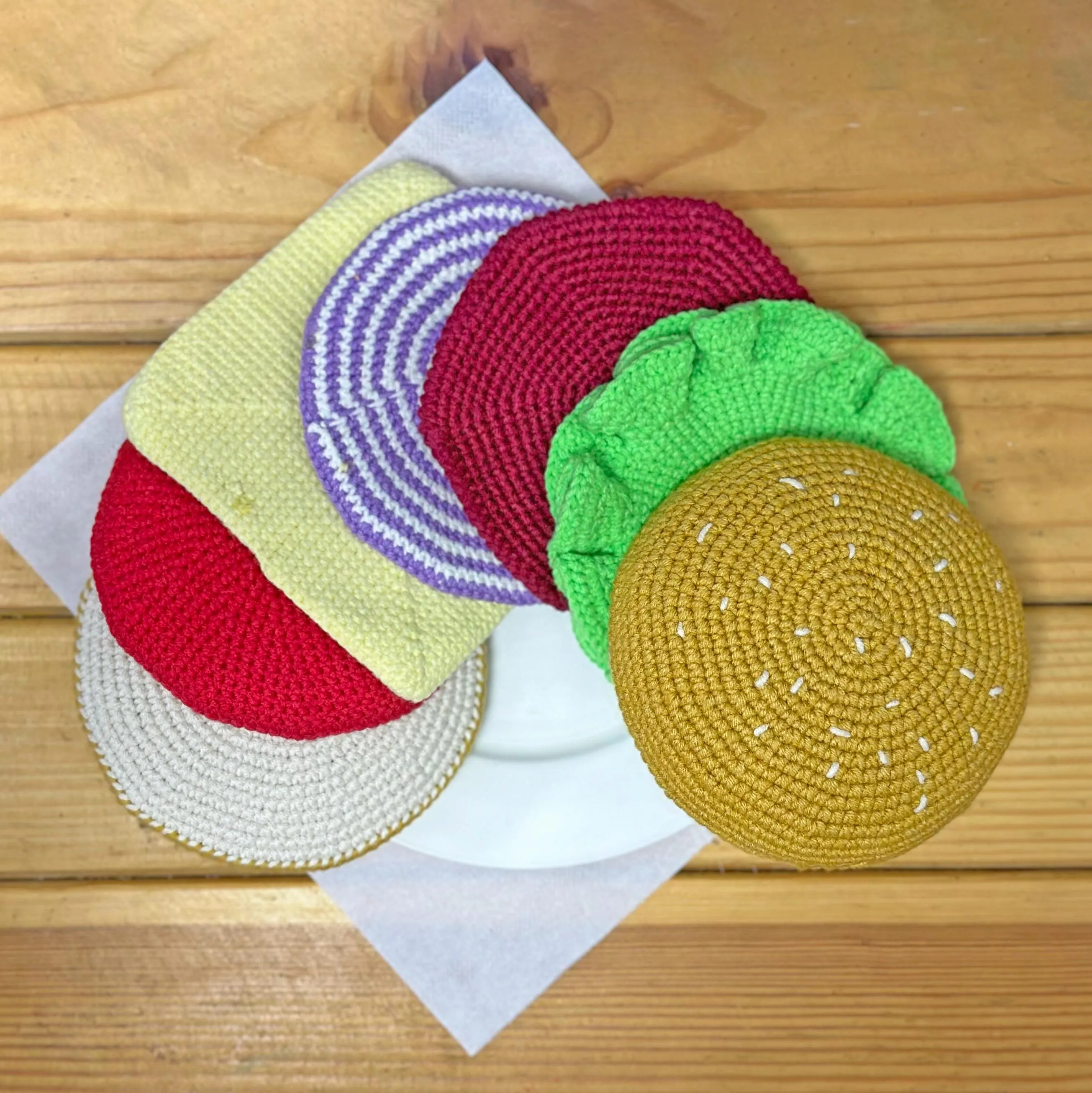 Crochet Burger Coaster Pattern, US standard terms, Skill level beginner