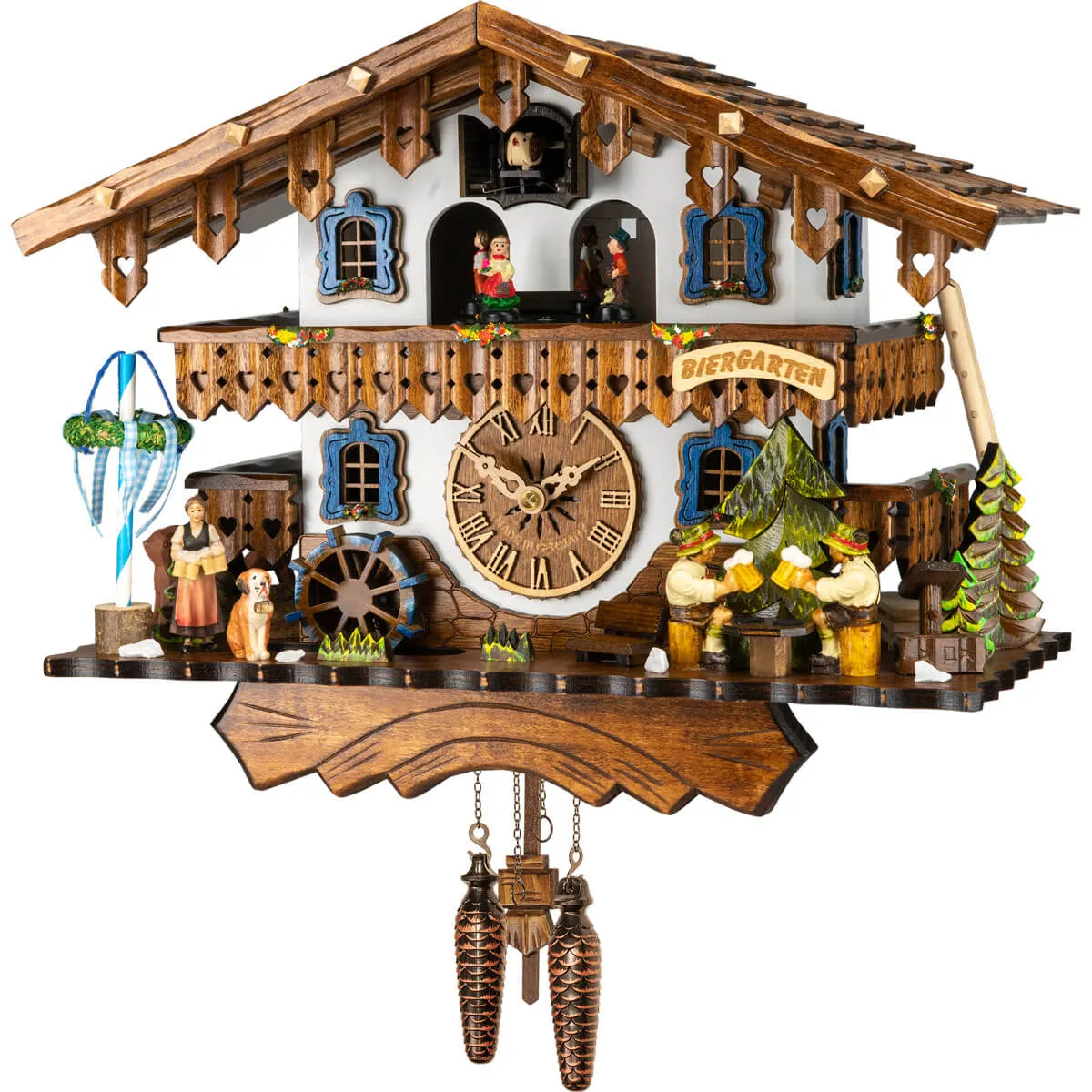 Cuckoo Clock - White Quartz Chalet with 2 Moving Beer Drinkers - Engstler
