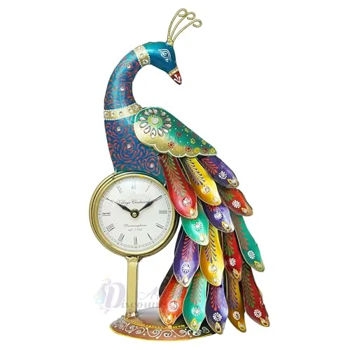 Dartistry® Antique Handcrafted Hanpainted Peacock Table Clock Showpiece