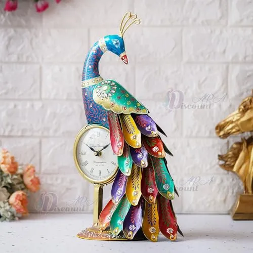Dartistry® Antique Handcrafted Hanpainted Peacock Table Clock Showpiece