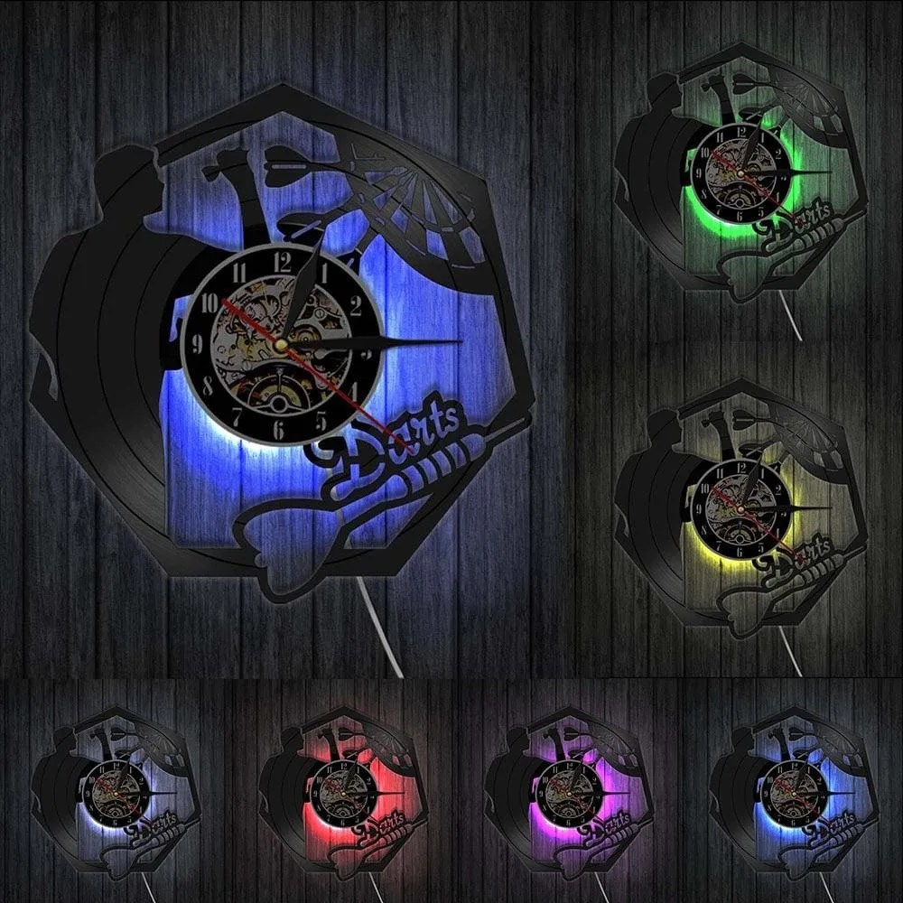 Darts Wall Art Man Cave Game Room Decoration Modern Led Vinyl Record Wall Clock