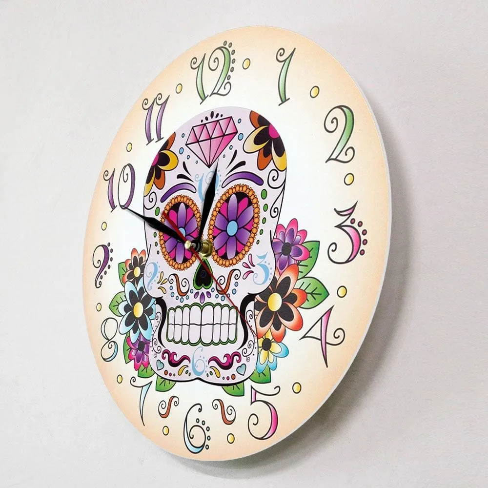 Day of the Dead Mexican Floral Skull Wall Clock Dia De Muertos Spanish Home