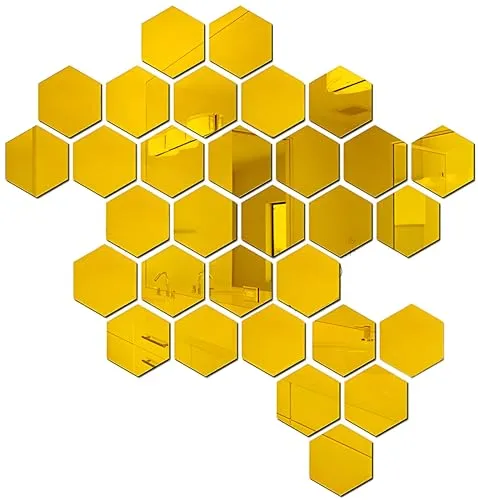 Decorative Hexagonal Wall Mirror Set, Gold Finish, for Living Spaces