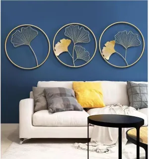 Design World Gifts And Interiors Metal Gingko Leaf Wall Decor Wall Hanging Wall Arts for Home Hotel Office Living Room Bedroom (Set of 3)