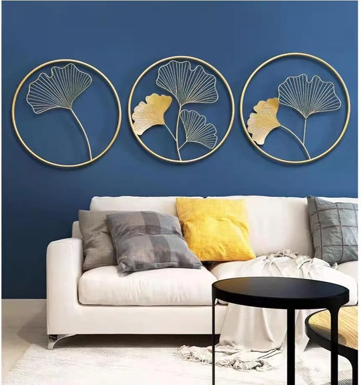 Design World Gifts And Interiors Metal Gingko Leaf Wall Decor Wall Hanging Wall Arts for Home Hotel Office Living Room Bedroom (Set of 3)