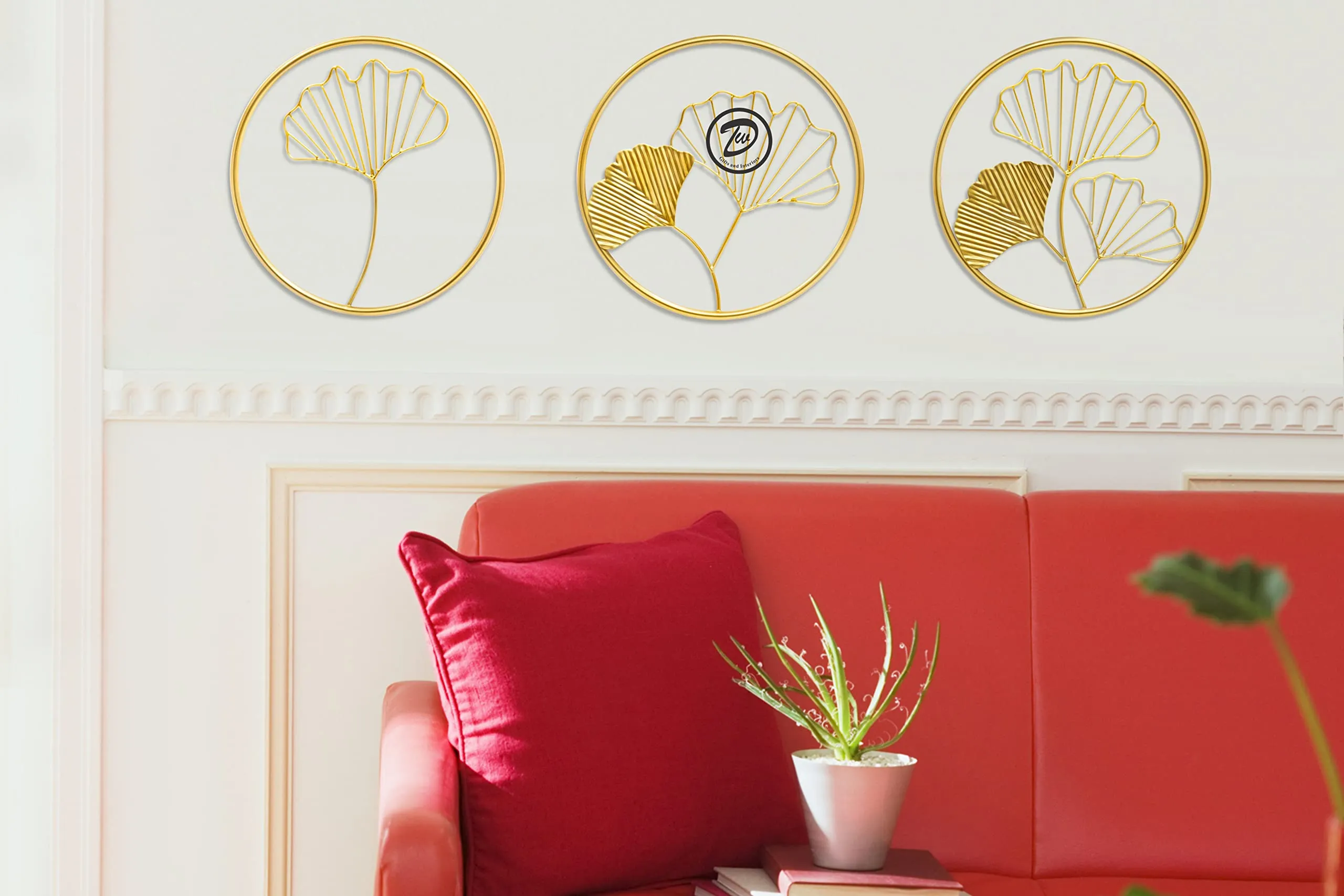 Design World Gifts And Interiors Metal Gingko Leaf Wall Decor Wall Hanging Wall Arts for Home Hotel Office Living Room Bedroom (Set of 3)